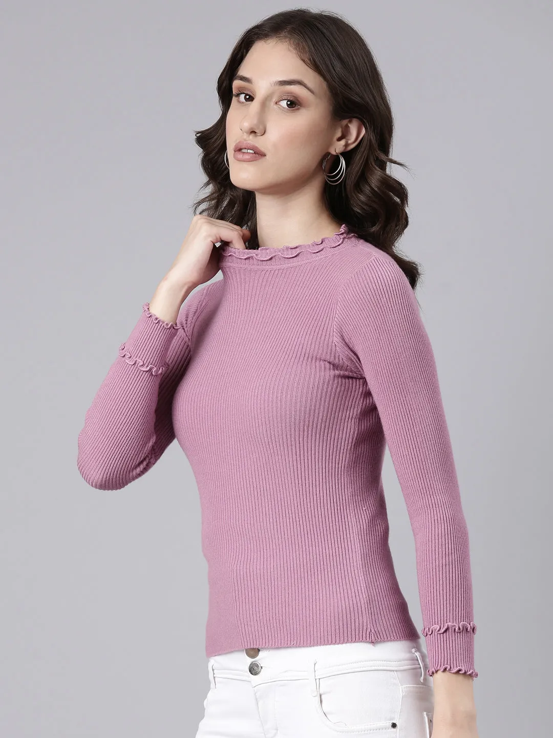 Women Mauve Striped Cuffed Sleeves Top