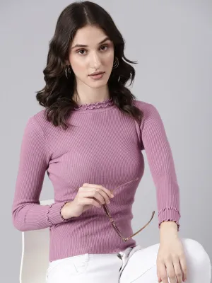 Women Mauve Striped Cuffed Sleeves Top