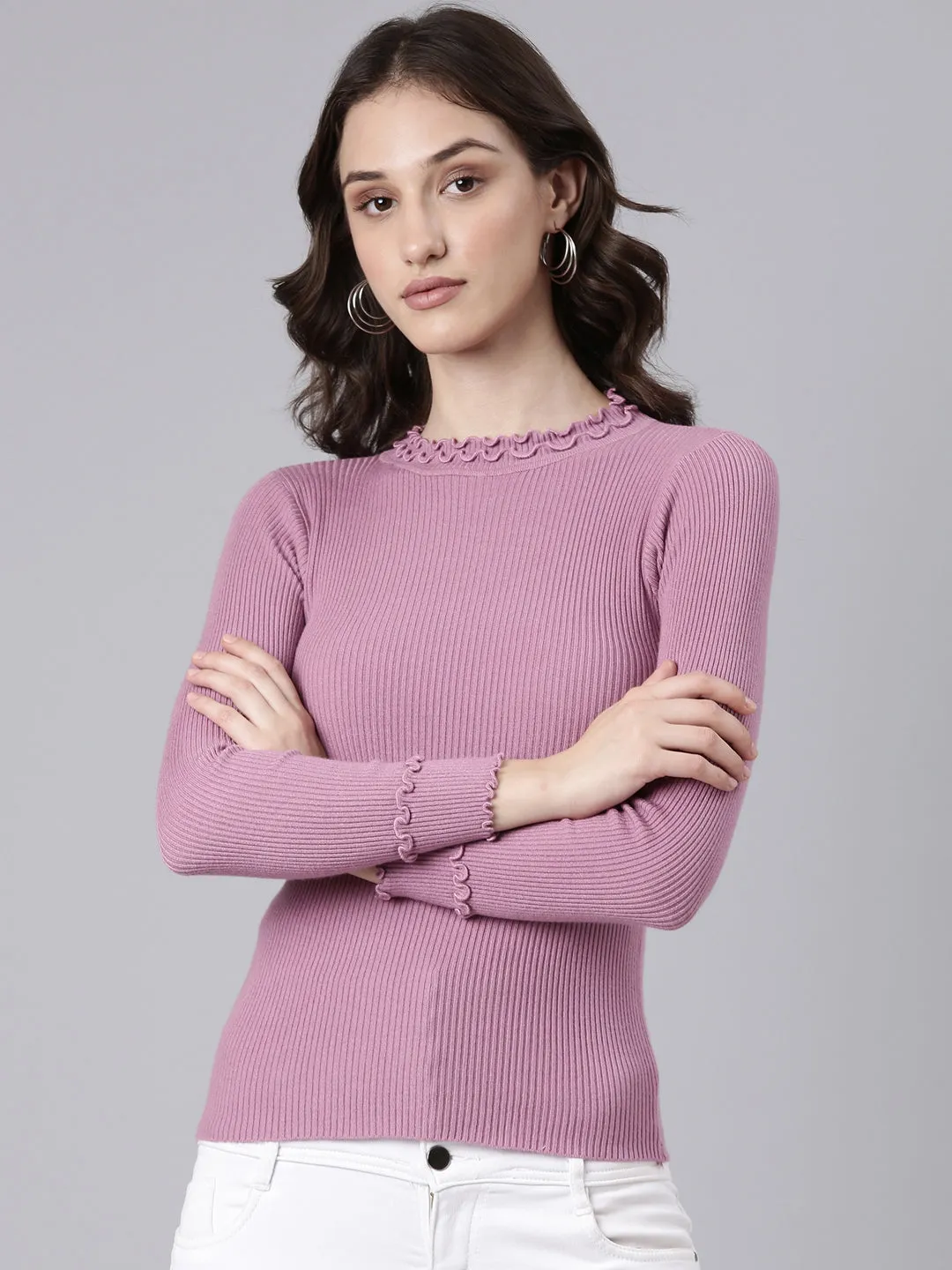 Women Mauve Striped Cuffed Sleeves Top