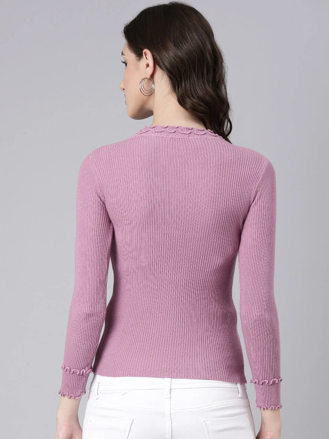 Women Mauve Striped Cuffed Sleeves Top