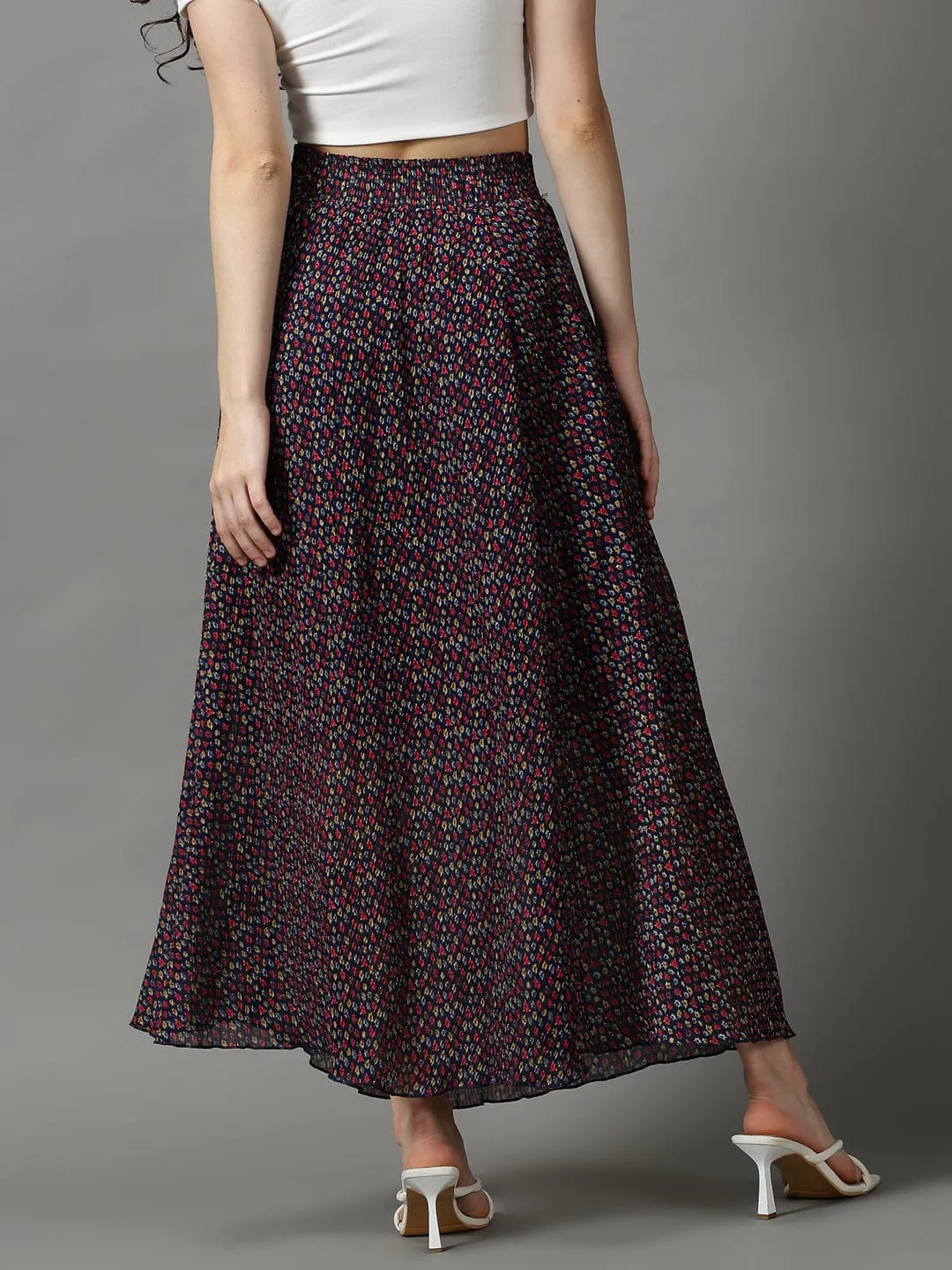 Women Navy Blue Floral Printed Flared Maxi Skirt