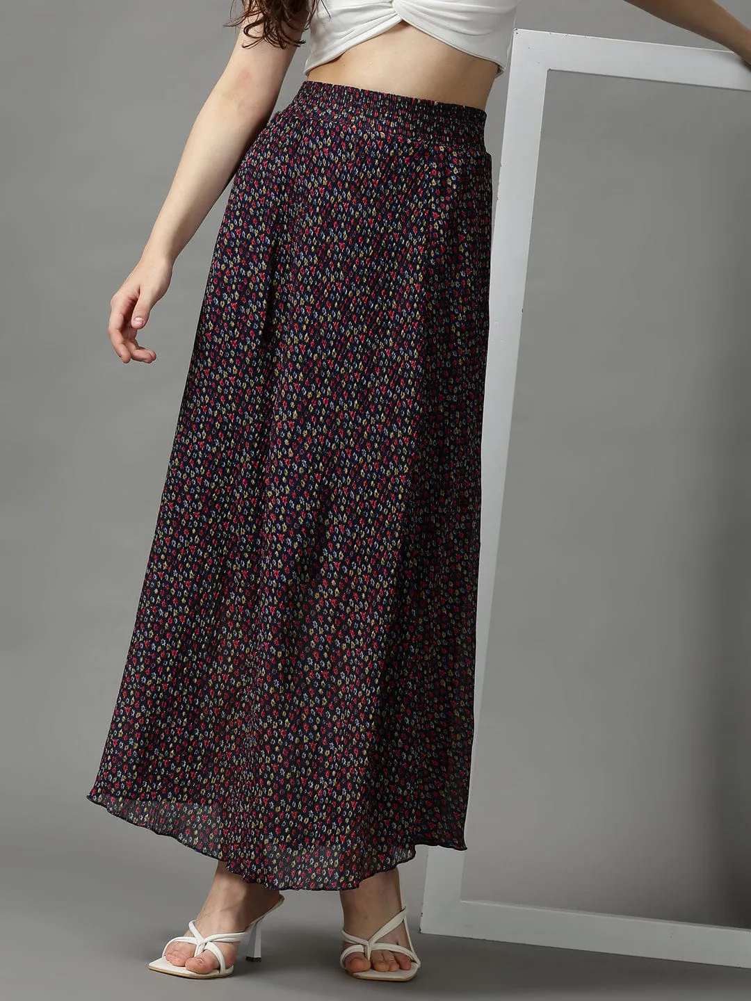 Women Navy Blue Floral Printed Flared Maxi Skirt