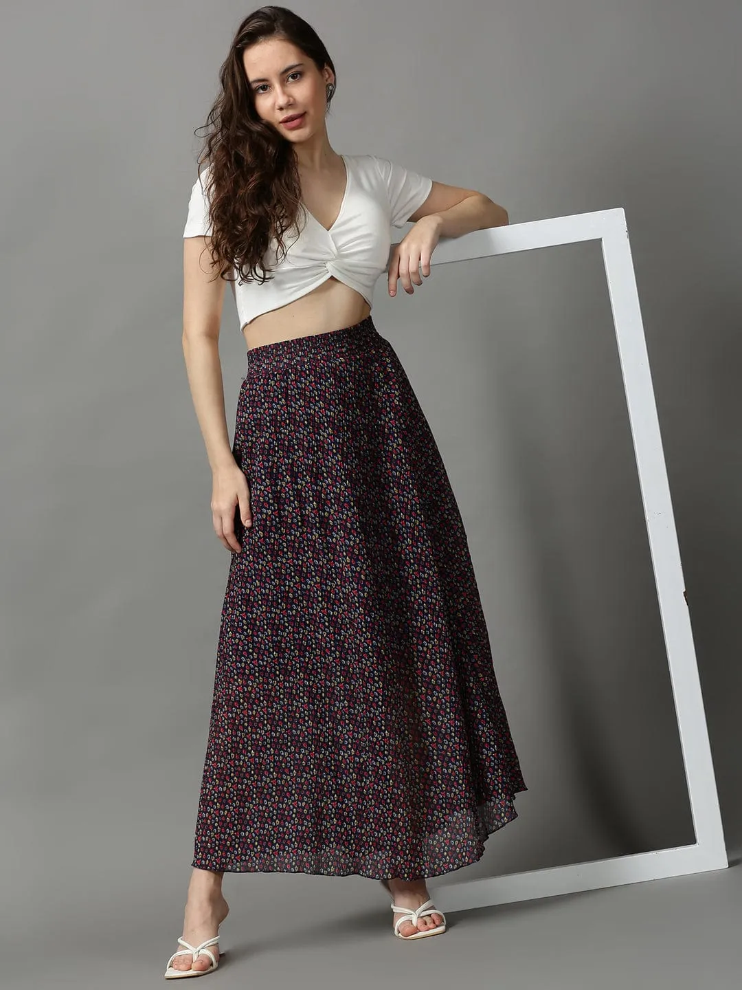 Women Navy Blue Floral Printed Flared Maxi Skirt