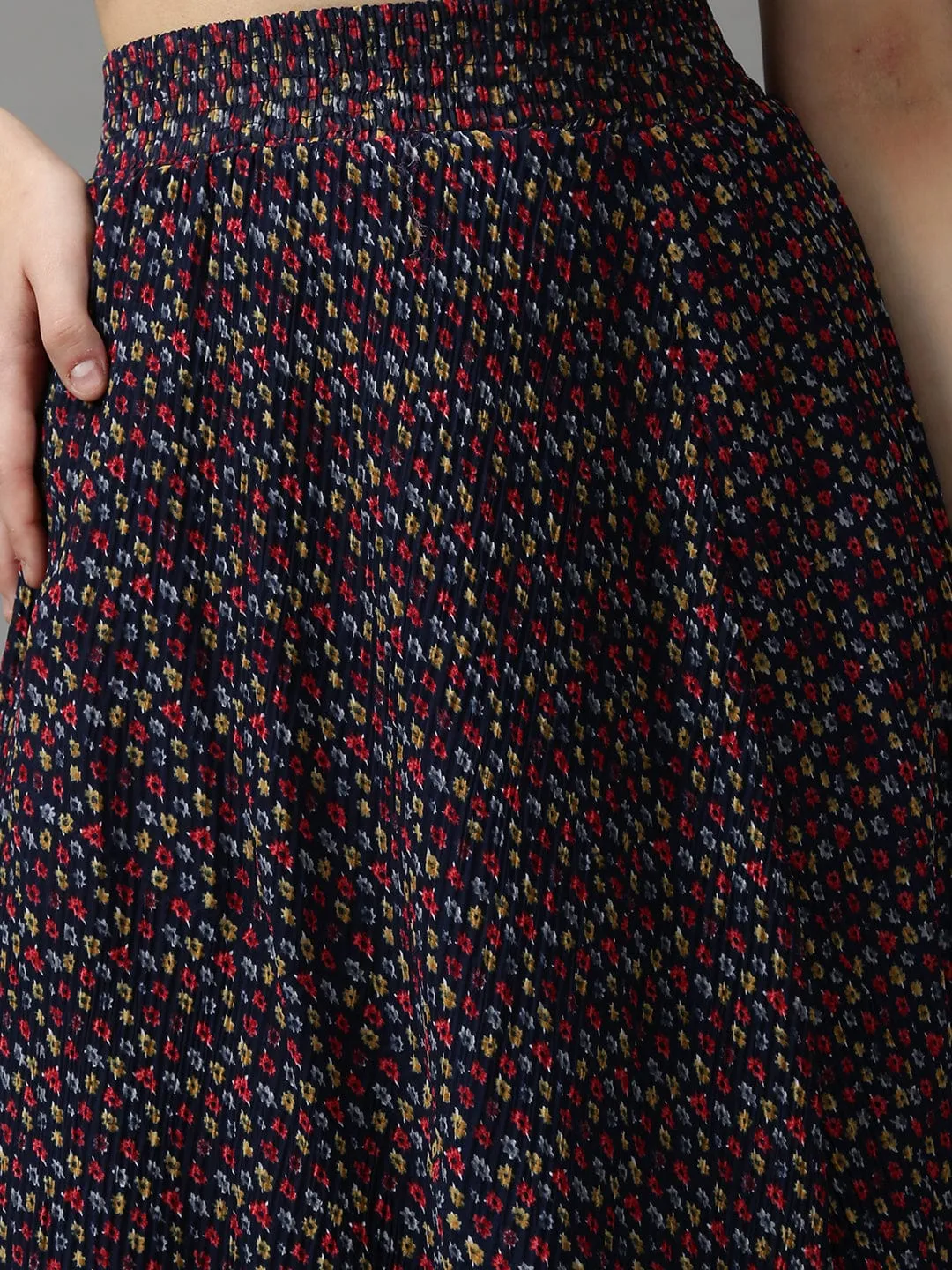 Women Navy Blue Floral Printed Flared Maxi Skirt