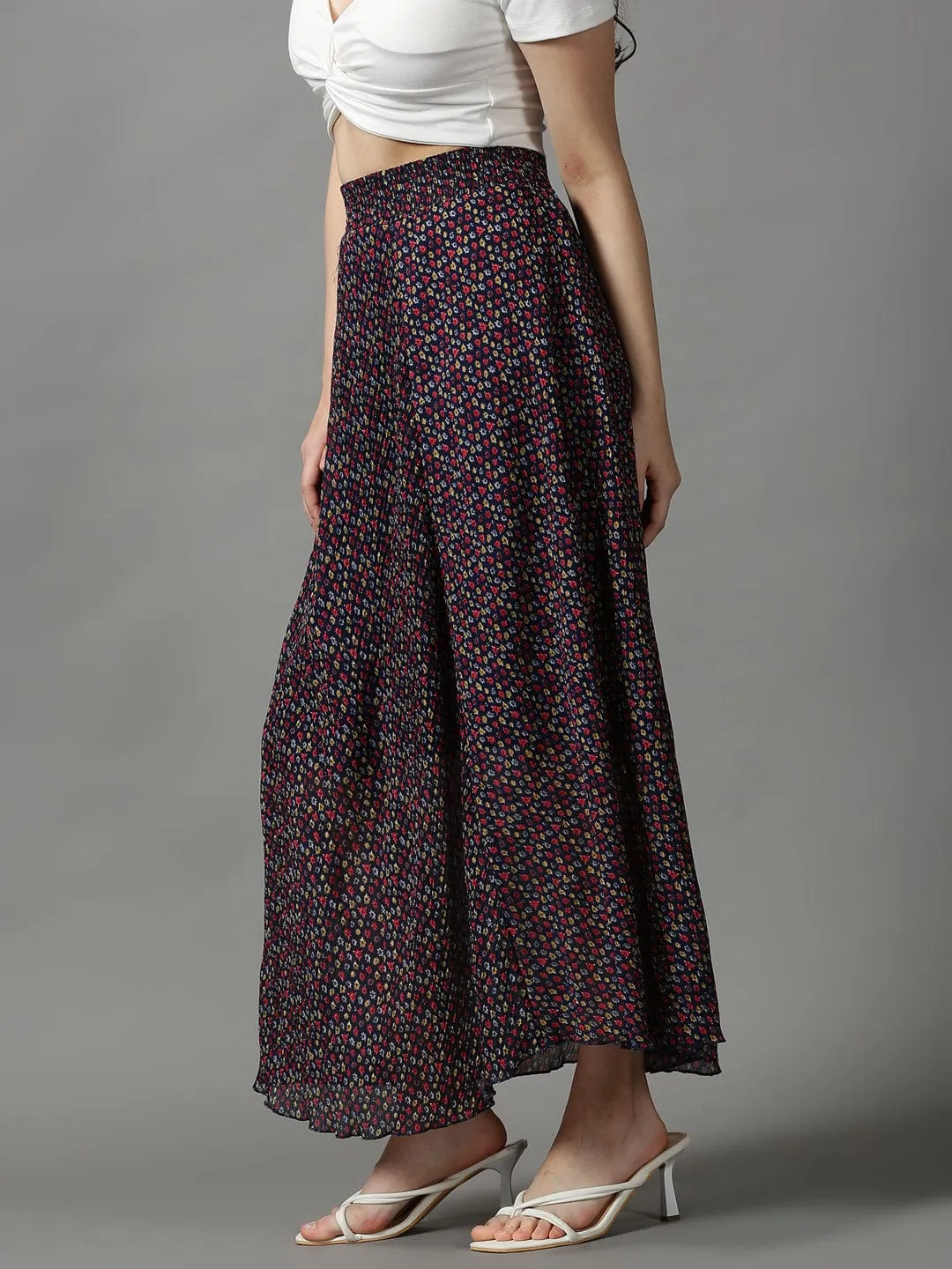 Women Navy Blue Floral Printed Flared Maxi Skirt
