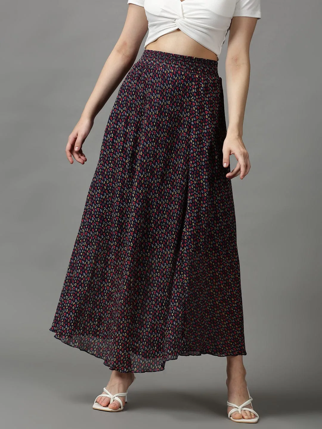 Women Navy Blue Floral Printed Flared Maxi Skirt