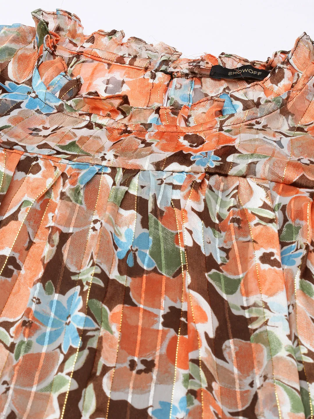 Women Orange Floral Print Puff Sleeve Georgette A-Line Dress