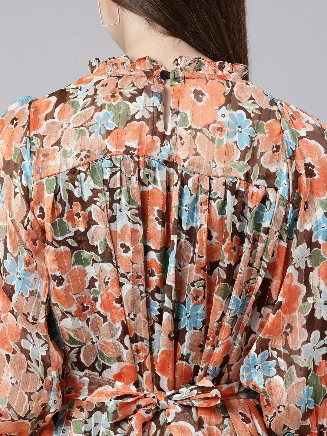 Women Orange Floral Print Puff Sleeve Georgette A-Line Dress