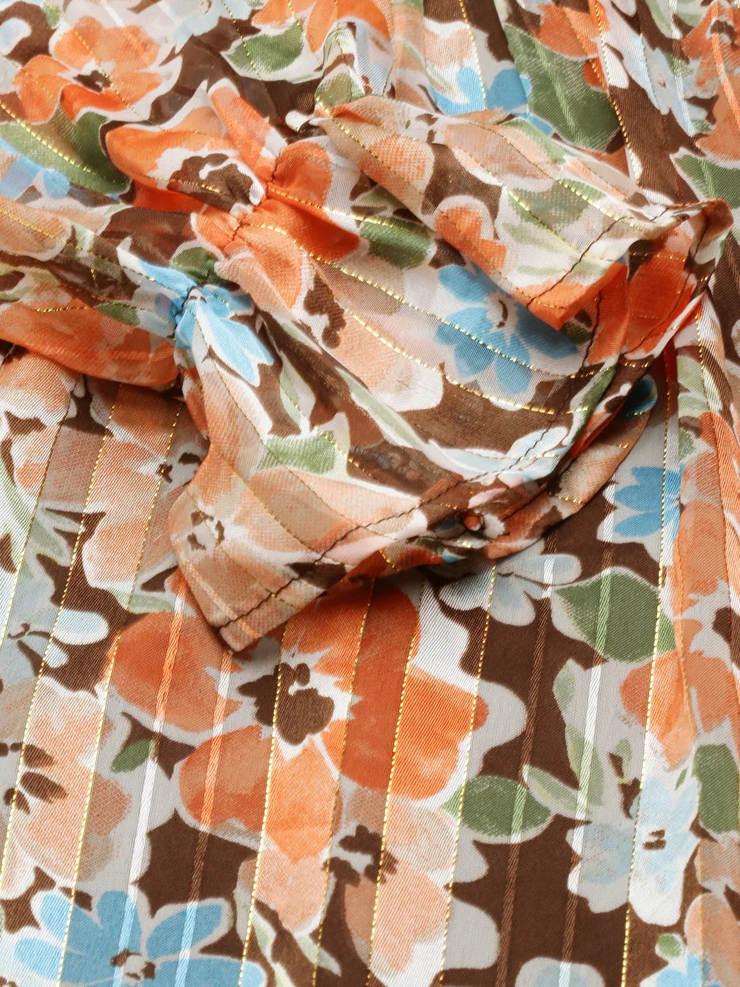 Women Orange Floral Print Puff Sleeve Georgette A-Line Dress
