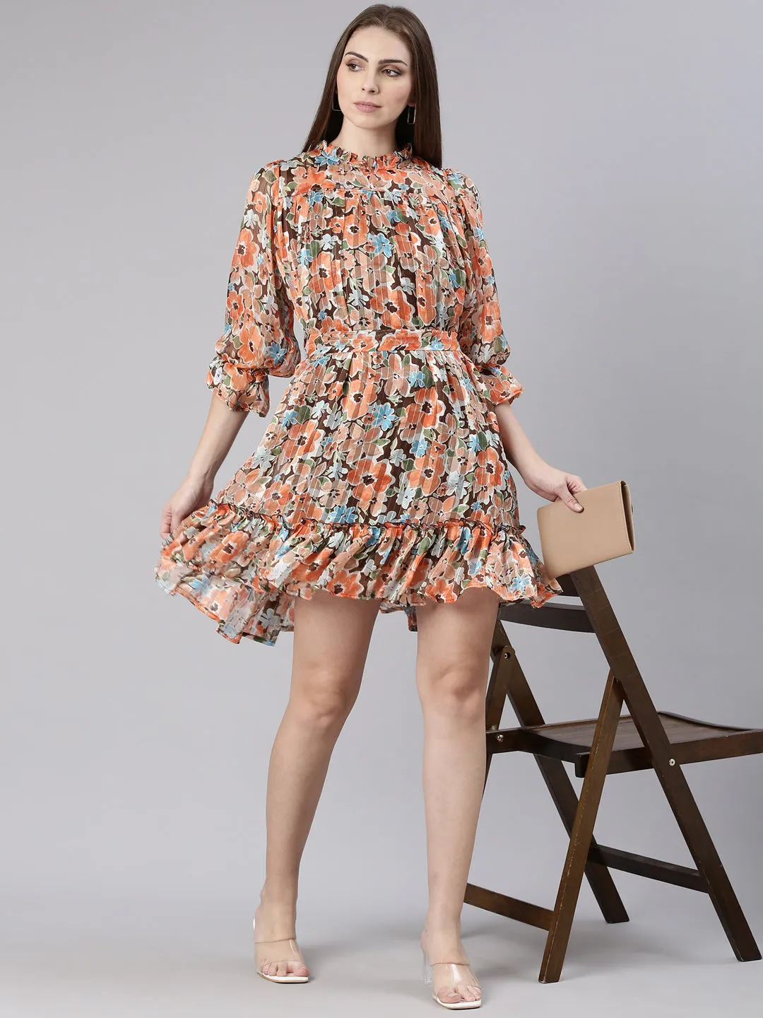 Women Orange Floral Print Puff Sleeve Georgette A-Line Dress