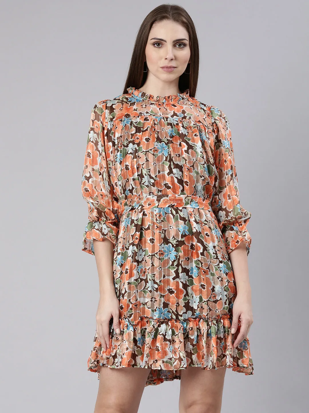 Women Orange Floral Print Puff Sleeve Georgette A-Line Dress