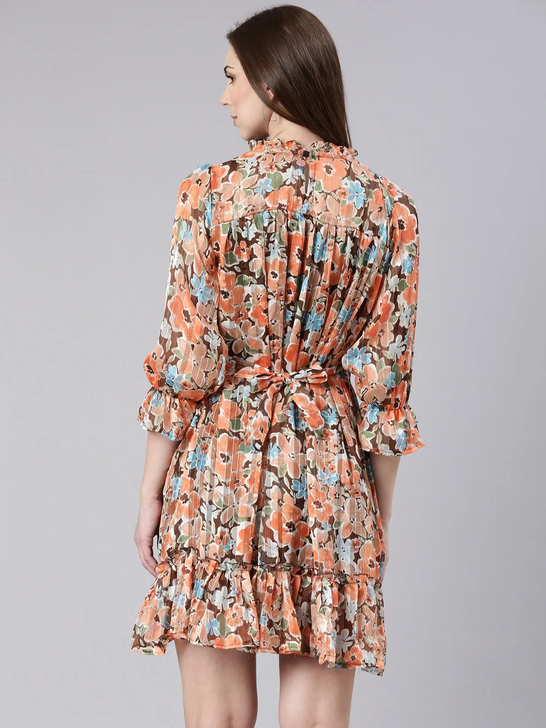 Women Orange Floral Print Puff Sleeve Georgette A-Line Dress