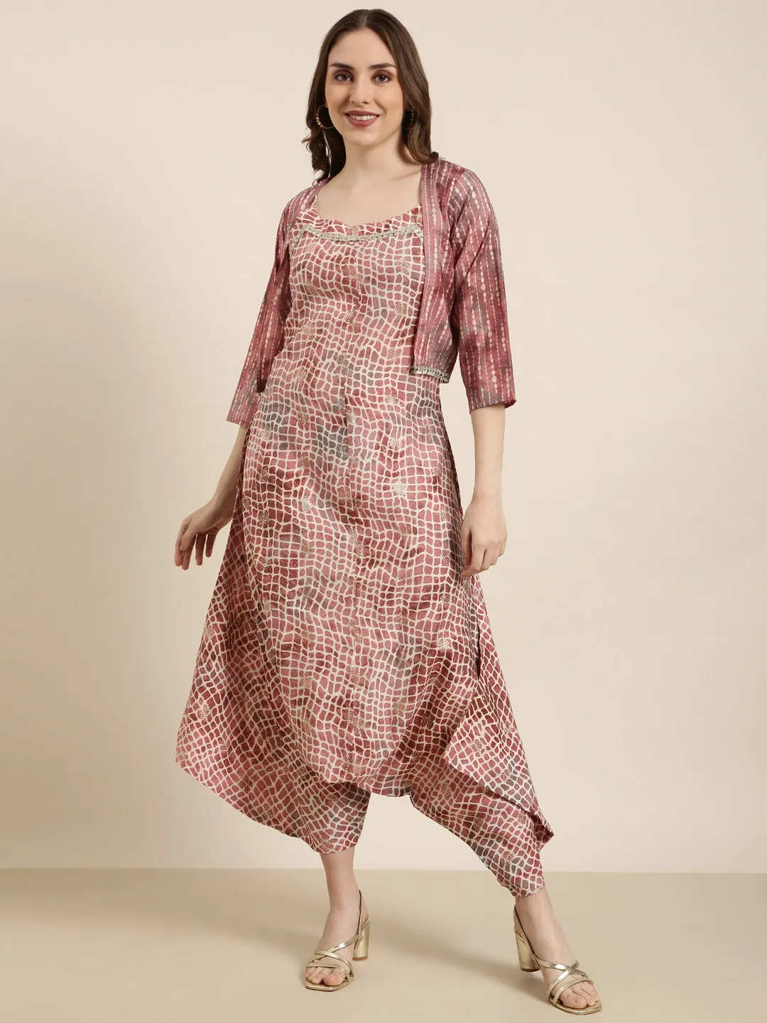 Women Peach Printed Jumpsuit with Shrug