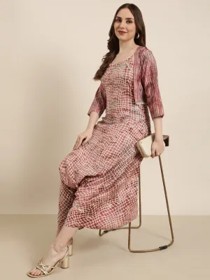 Women Peach Printed Jumpsuit with Shrug