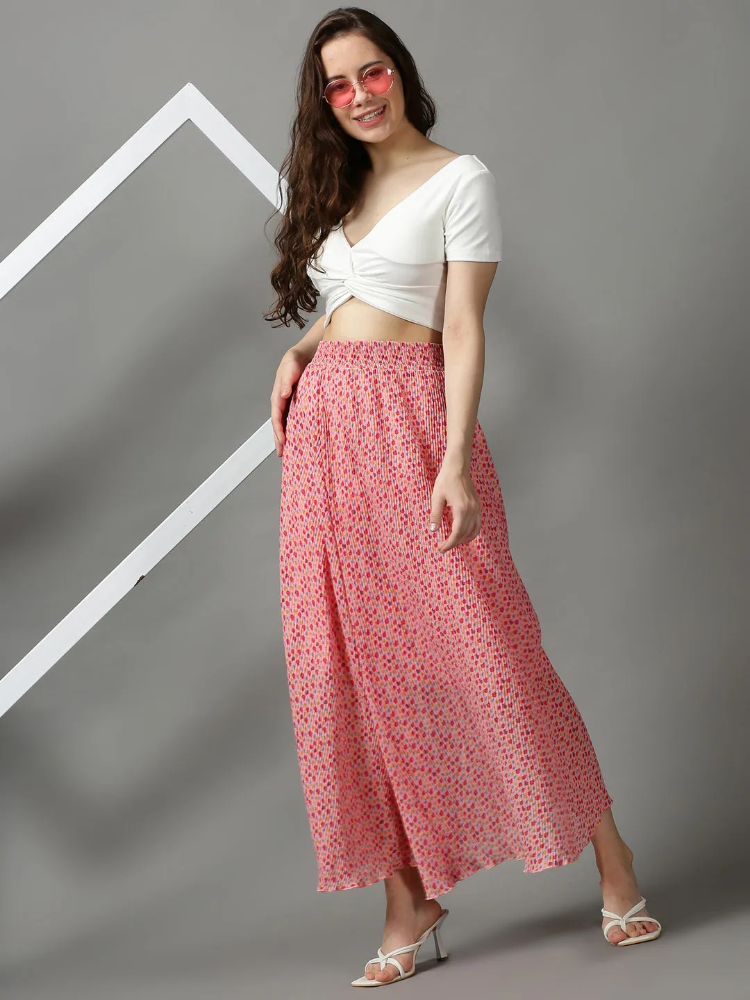 Women Pink Printed Maxi Flared Skirt