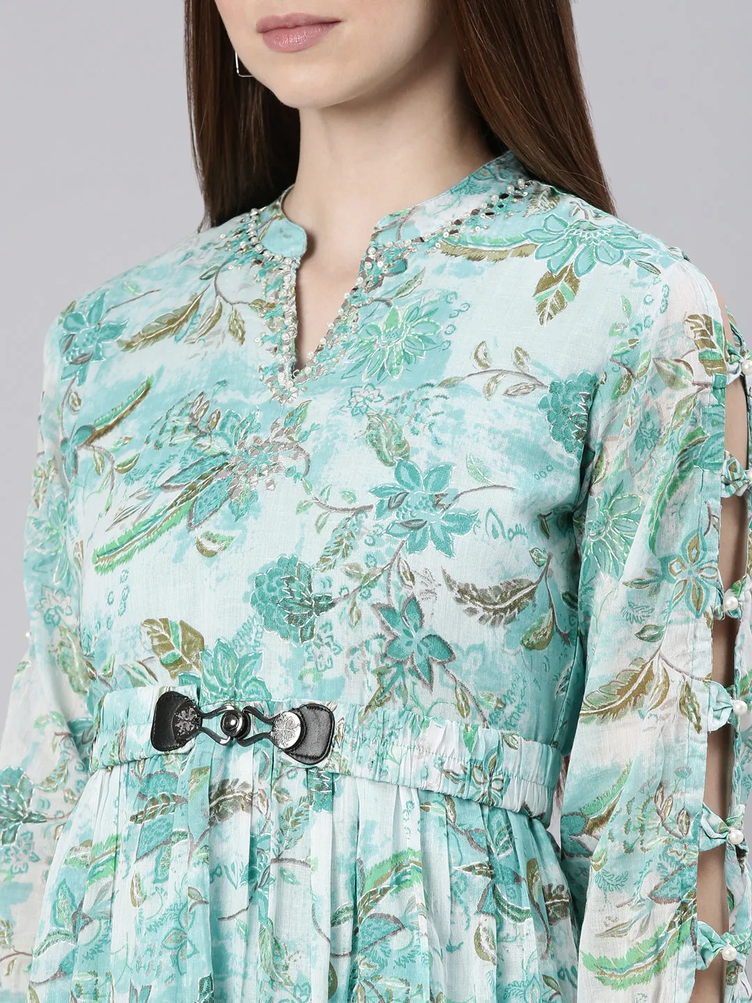 Women Turquoise Blue Floral Printed Mandarin Collar Belted Fit & Flare Dress