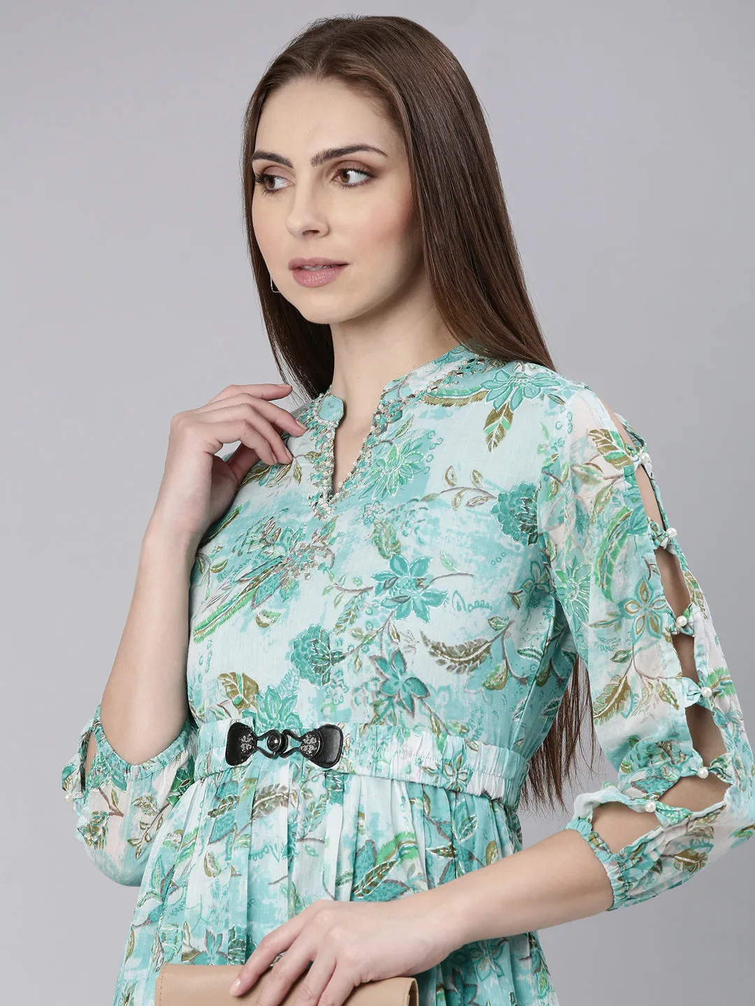Women Turquoise Blue Floral Printed Mandarin Collar Belted Fit & Flare Dress