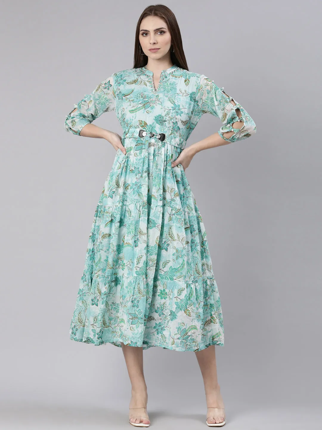 Women Turquoise Blue Floral Printed Mandarin Collar Belted Fit & Flare Dress