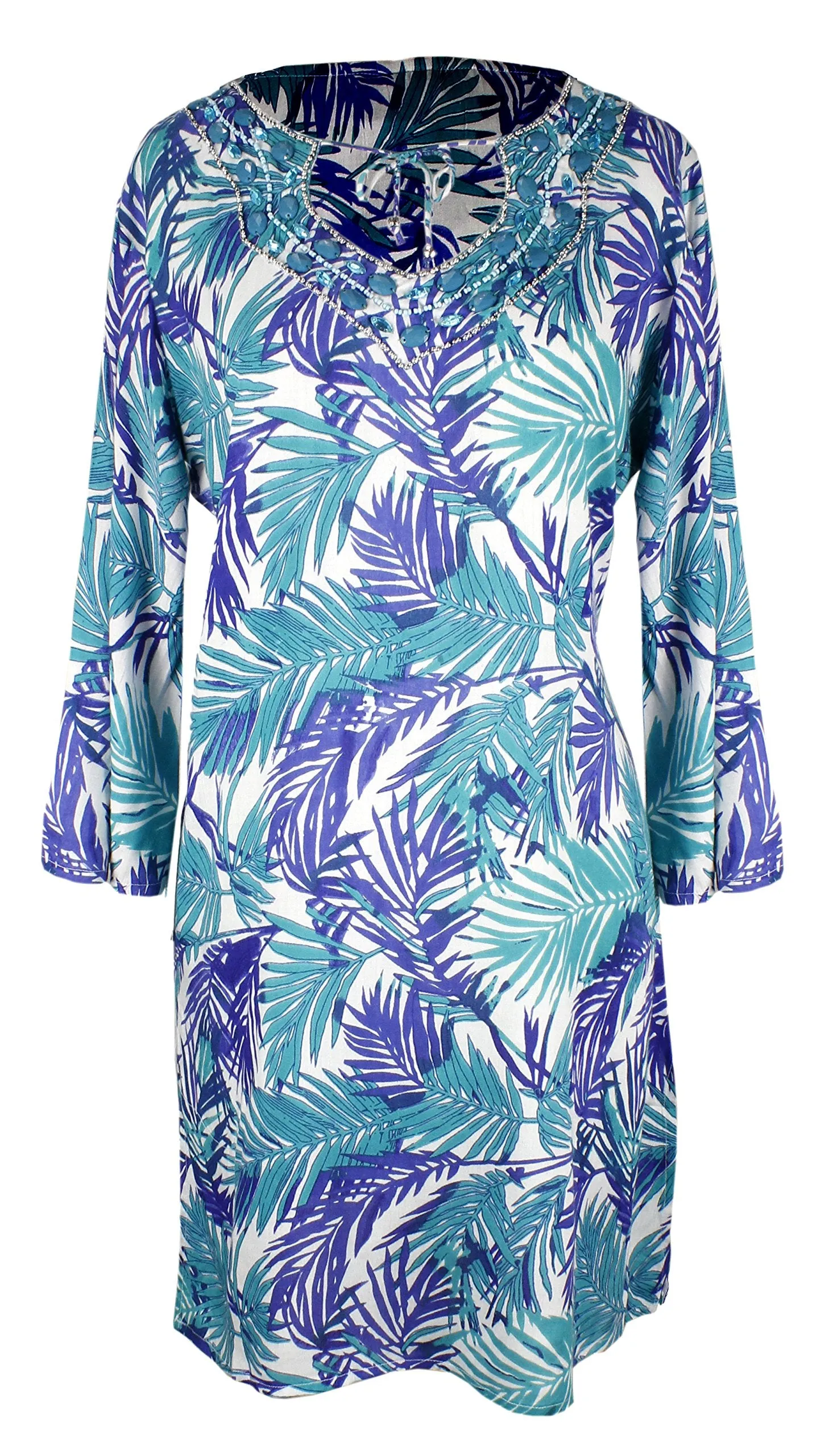 Women's 3 Quarter Sleeves Jeweled Tie Neck Summer Tunic Dress