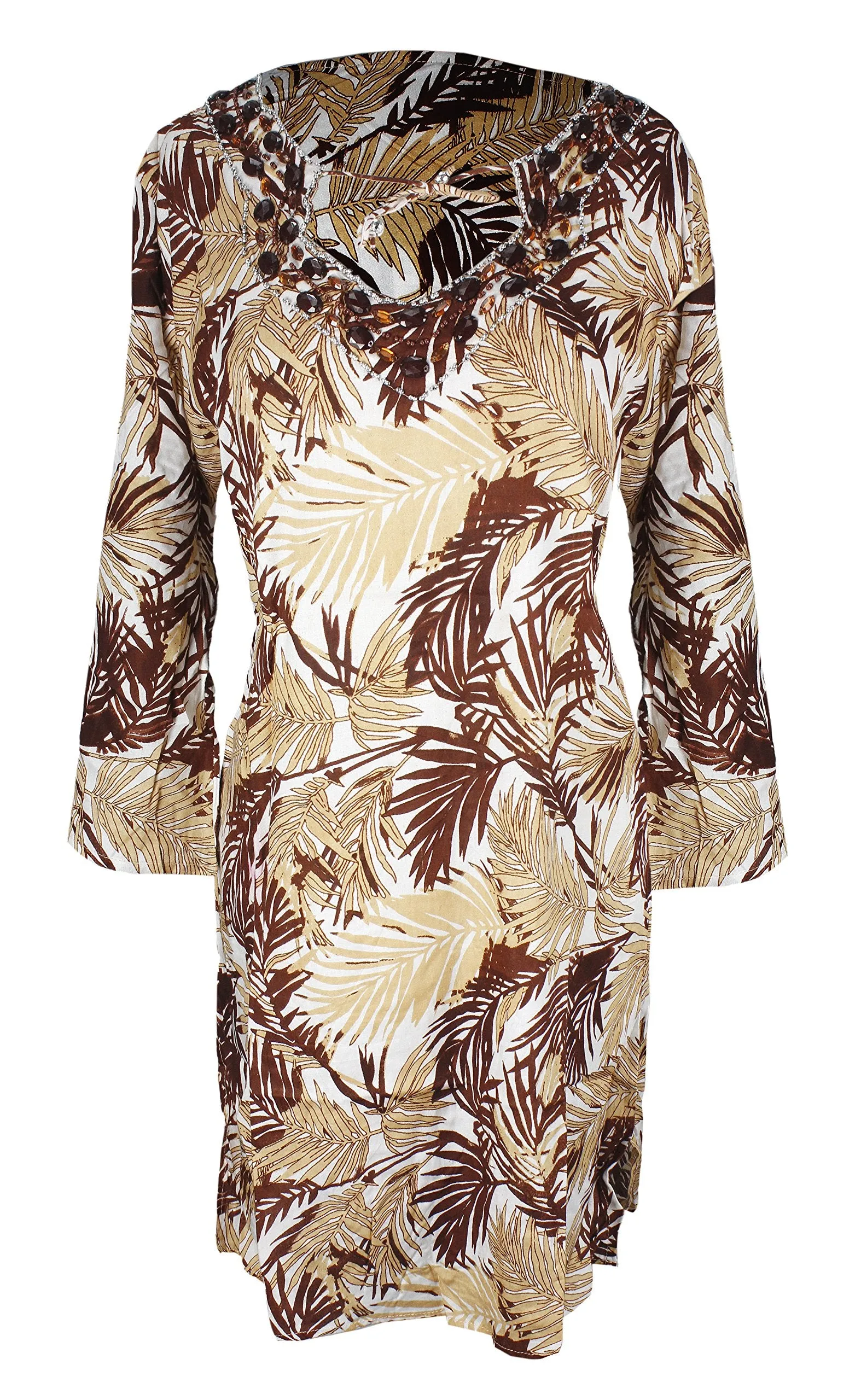 Women's 3 Quarter Sleeves Jeweled Tie Neck Summer Tunic Dress