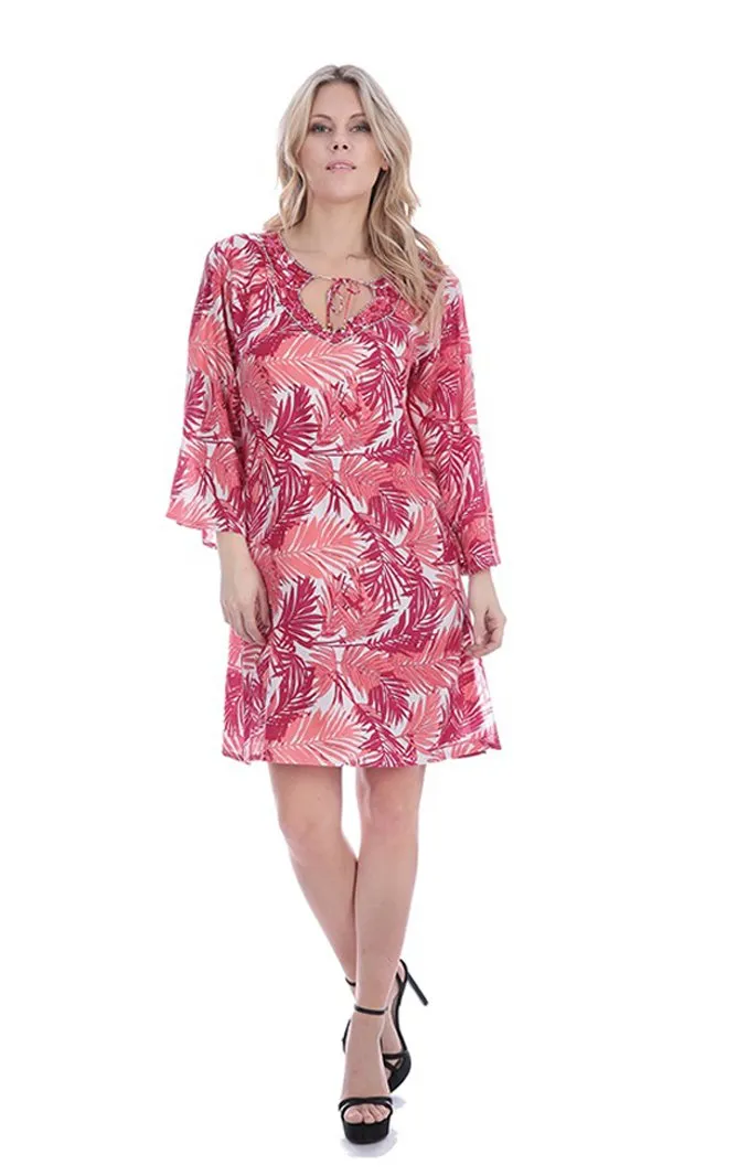 Women's 3 Quarter Sleeves Jeweled Tie Neck Summer Tunic Dress