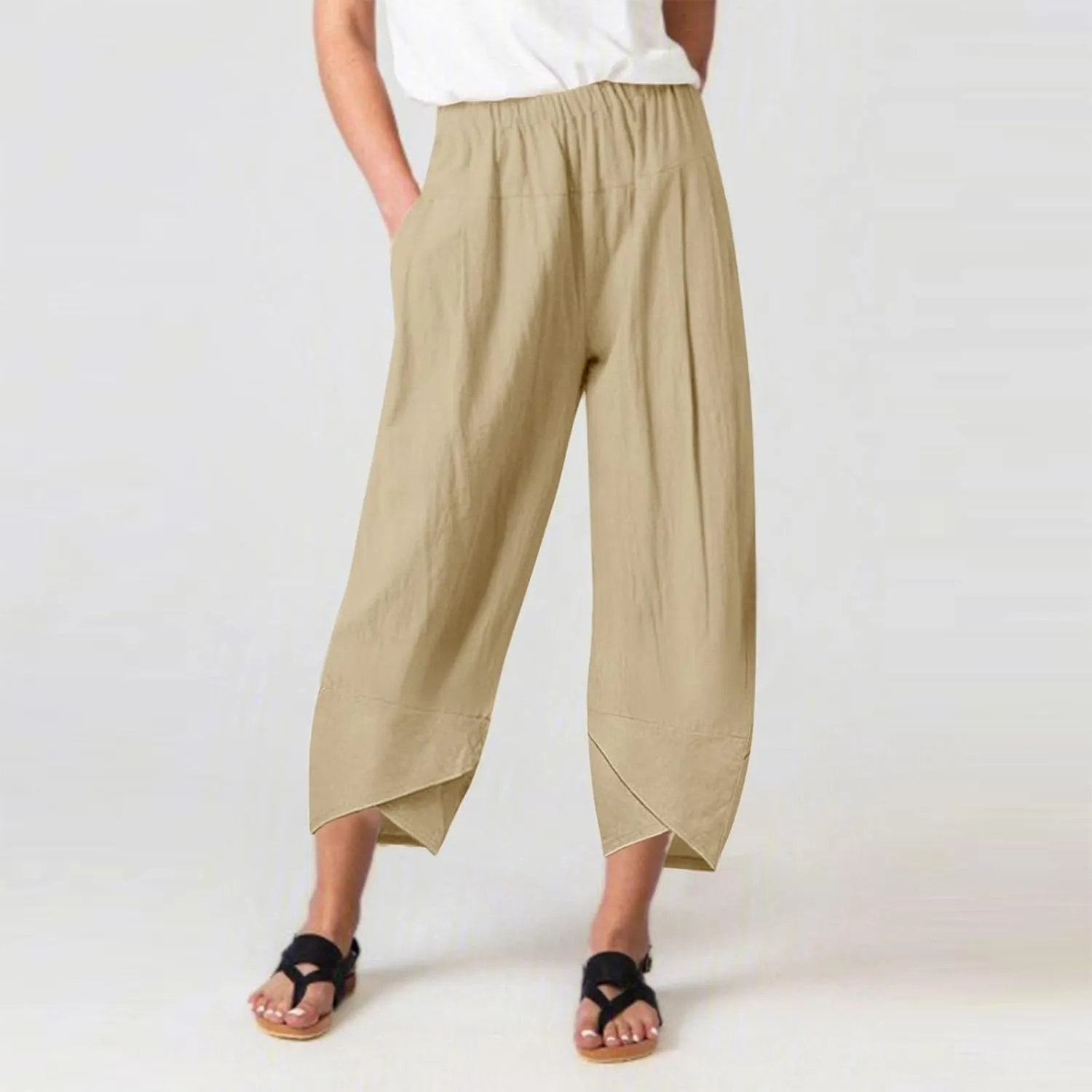 Womens Capri Pants High Waist Cropped Trousers Summer Wide Leg Drawstring Palazzo Ankle Vacation Pant with Pockets
