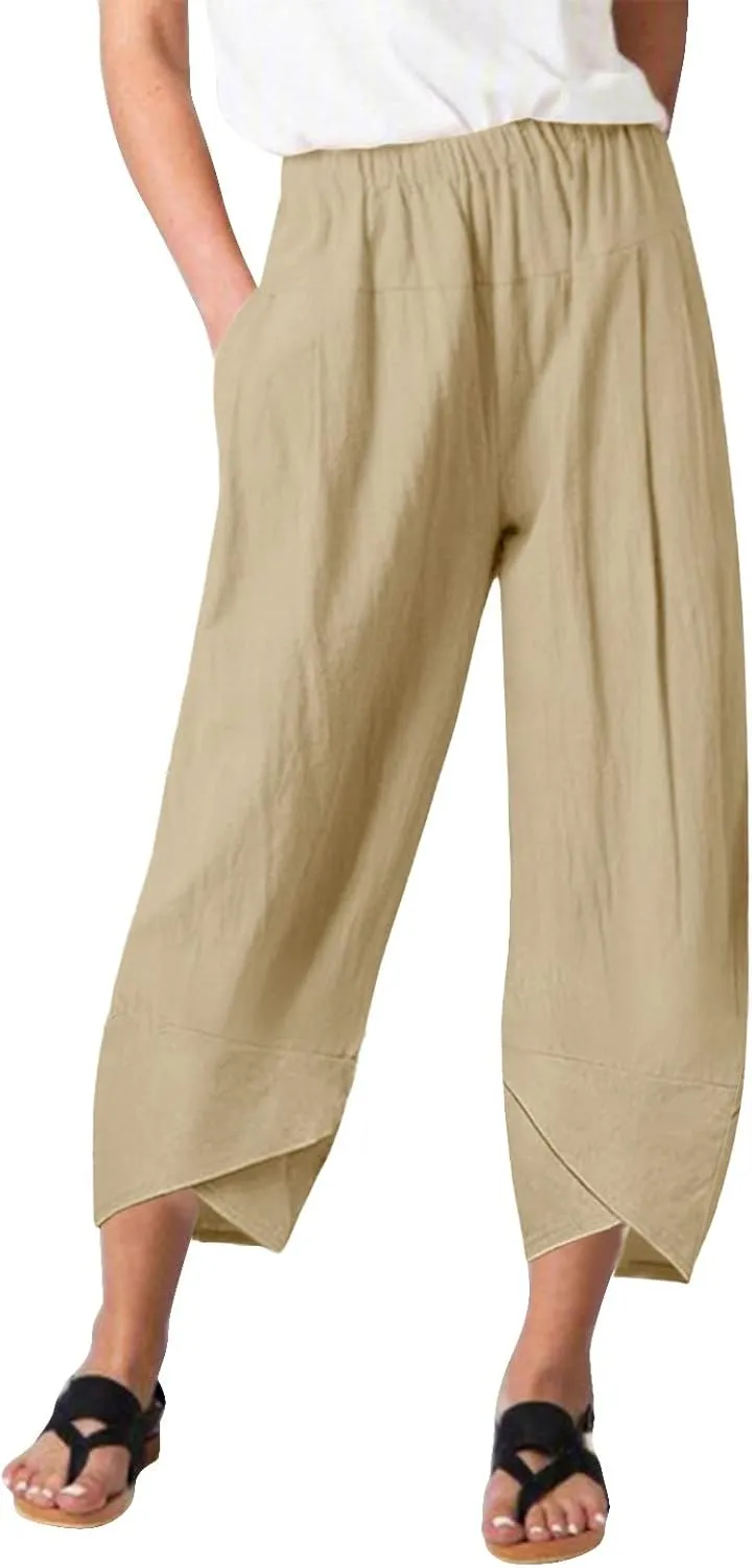 Womens Capri Pants High Waist Cropped Trousers Summer Wide Leg Drawstring Palazzo Ankle Vacation Pant with Pockets