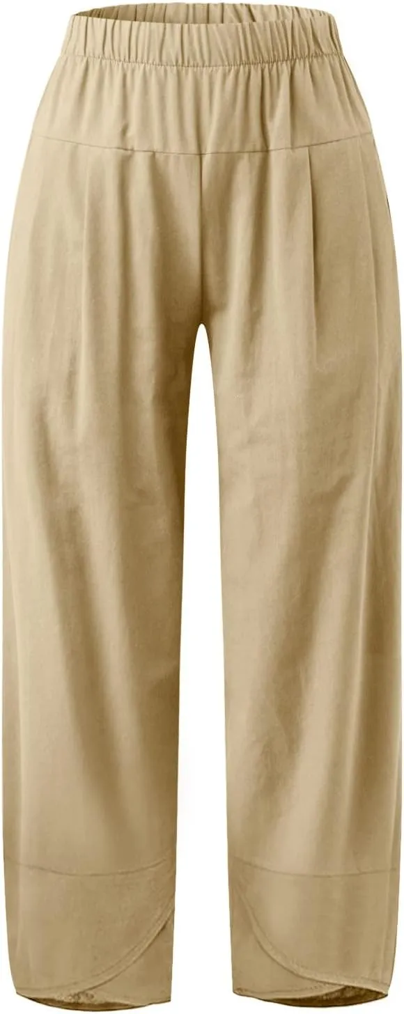Womens Capri Pants High Waist Cropped Trousers Summer Wide Leg Drawstring Palazzo Ankle Vacation Pant with Pockets