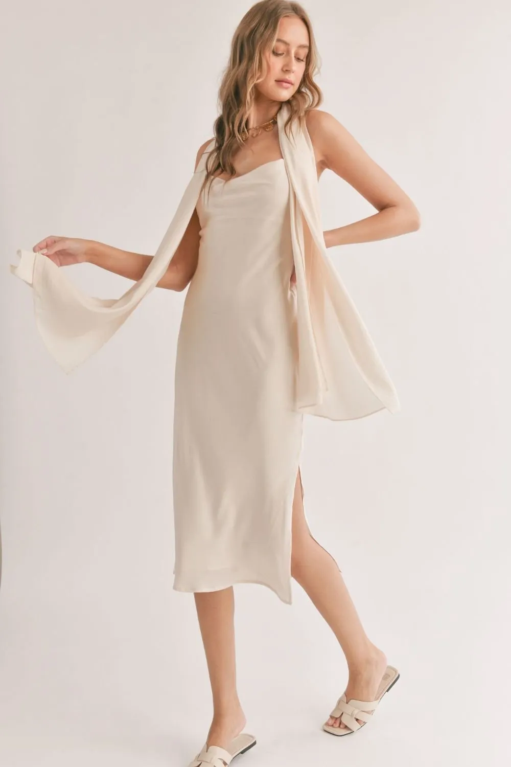 Women's Classic Midi Slip Dress and Shawl | Ivory