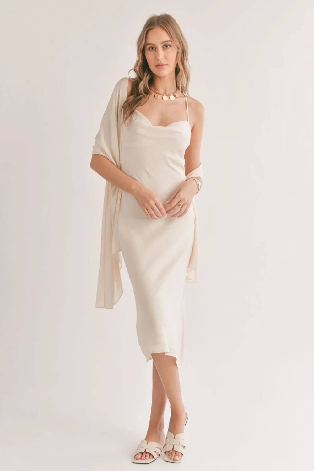 Women's Classic Midi Slip Dress and Shawl | Ivory