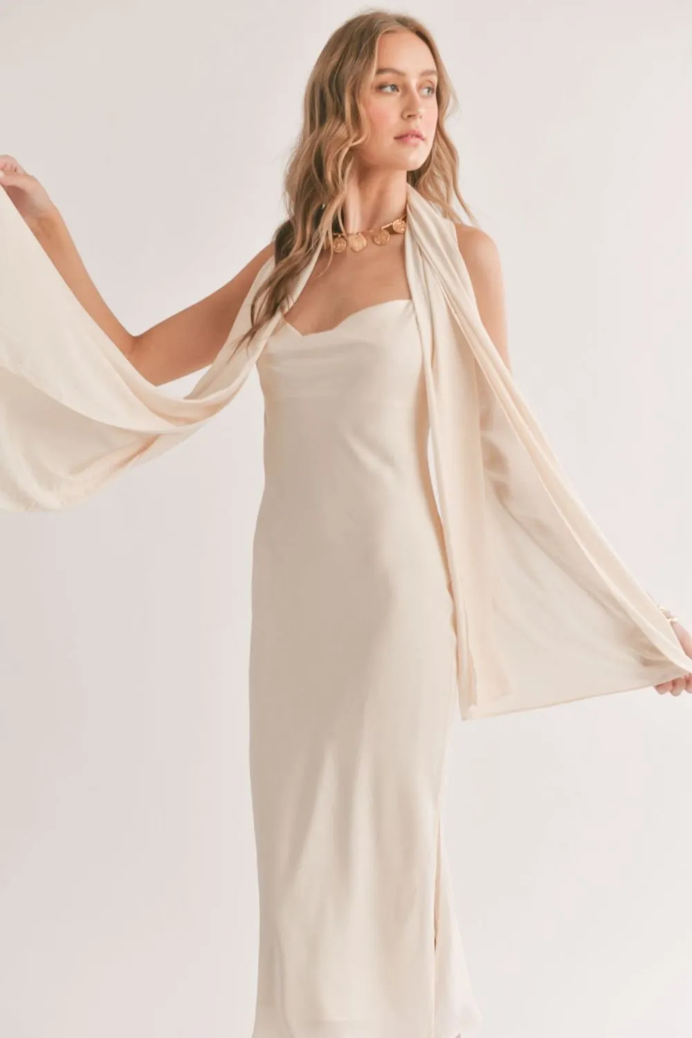 Women's Classic Midi Slip Dress and Shawl | Ivory