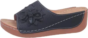 Women's Comfortable Slippers with Flower Design and Leather Upper for Stylish Outdoor and Vacation Wear