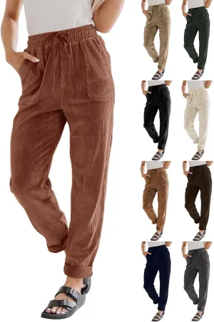 Womens Corduroy Pants Casual Drawstring High Waist Straight Leg Pants Vintage Loose Comfy Pants Trousers with Pockets
