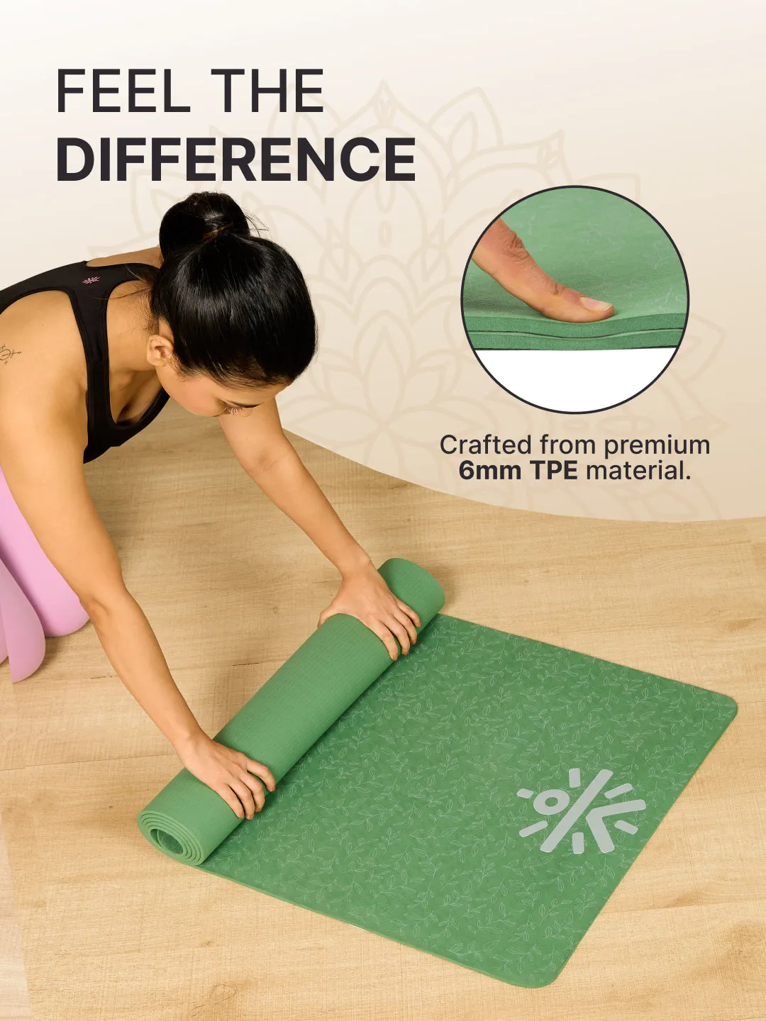 Yoga Mat-Unisex-TPE-Olive-Leaf Print-6 Mm-With Bag and Strap