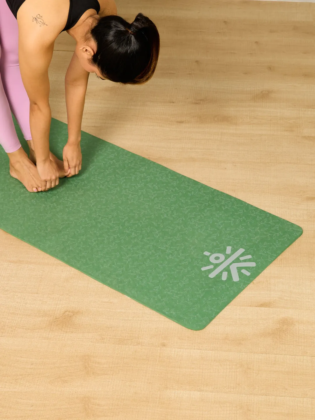 Yoga Mat-Unisex-TPE-Olive-Leaf Print-6 Mm-With Bag and Strap